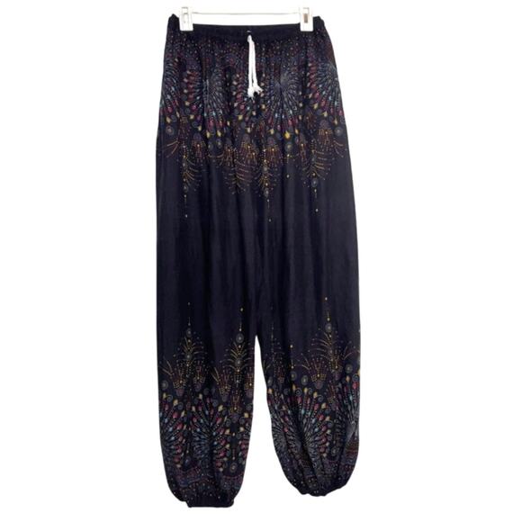 Harem Peacock Pants Womens XL Black Whimsical Fairy Hippie Light Weight Joggers - Picture 1 of 13